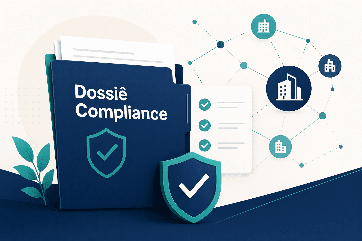 Ilustração: dossiê de compliance com escudo e checklist de due diligence